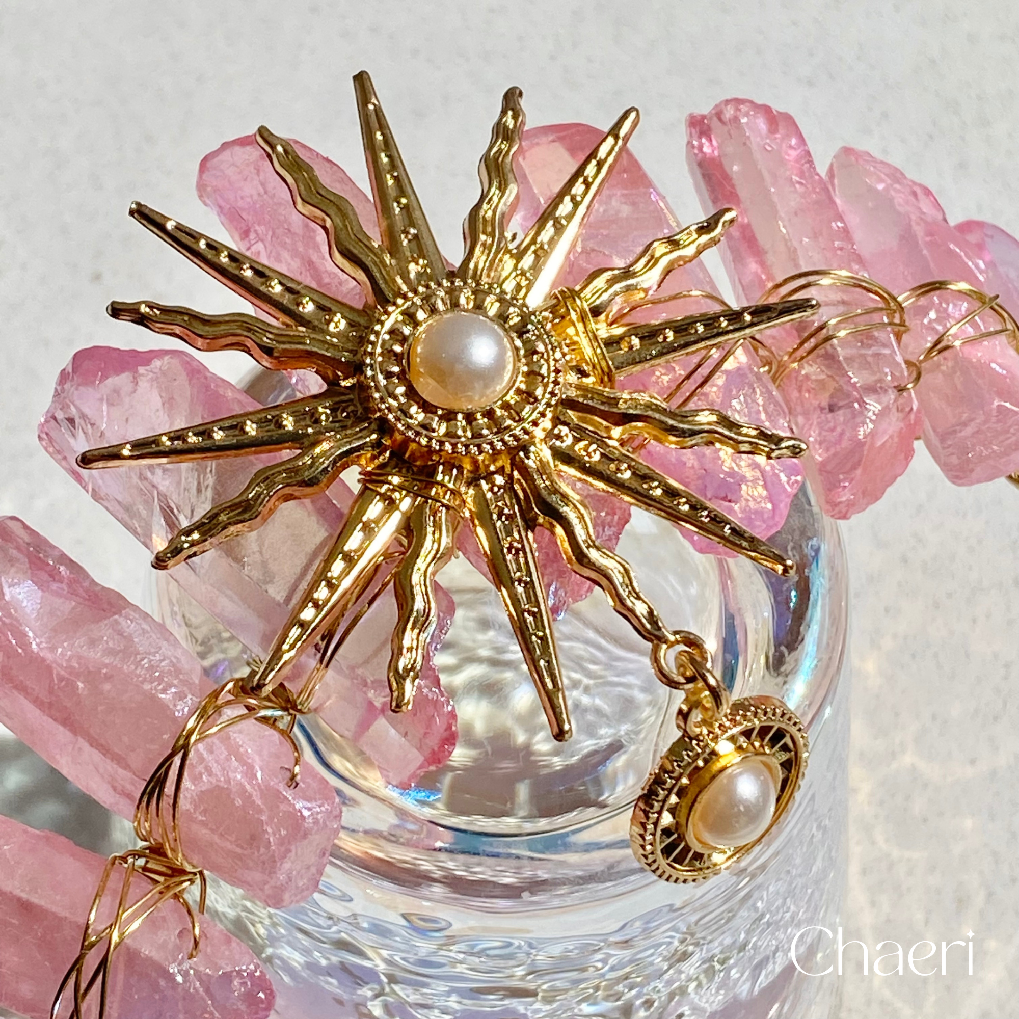 MARI | Pink Crystal Quartz Crown with Sun Charm