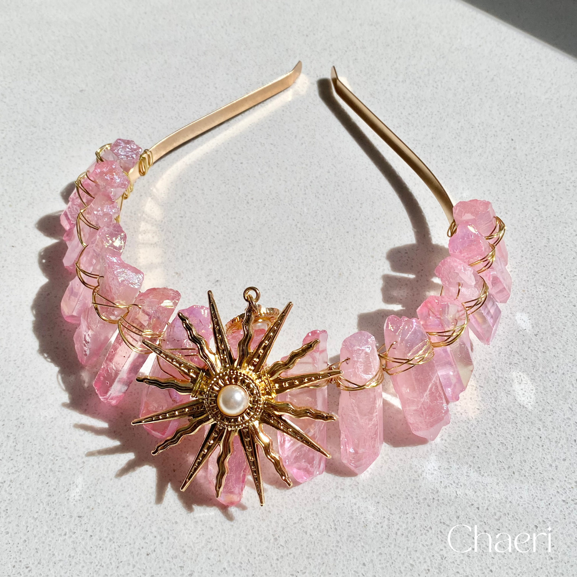 MARI | Pink Crystal Quartz Crown with Sun Charm