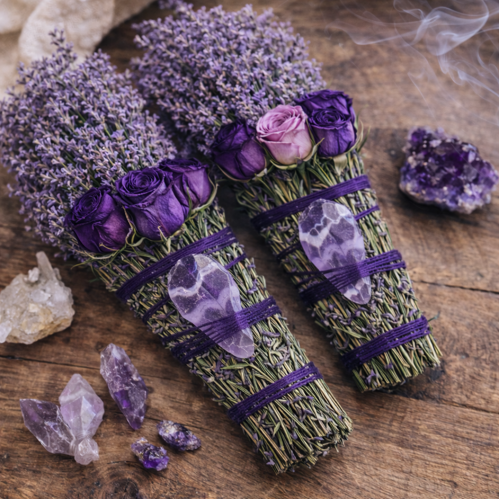 Amethyst, Sage, Rosemary, Lavender and Wild Flower Smudge Stick