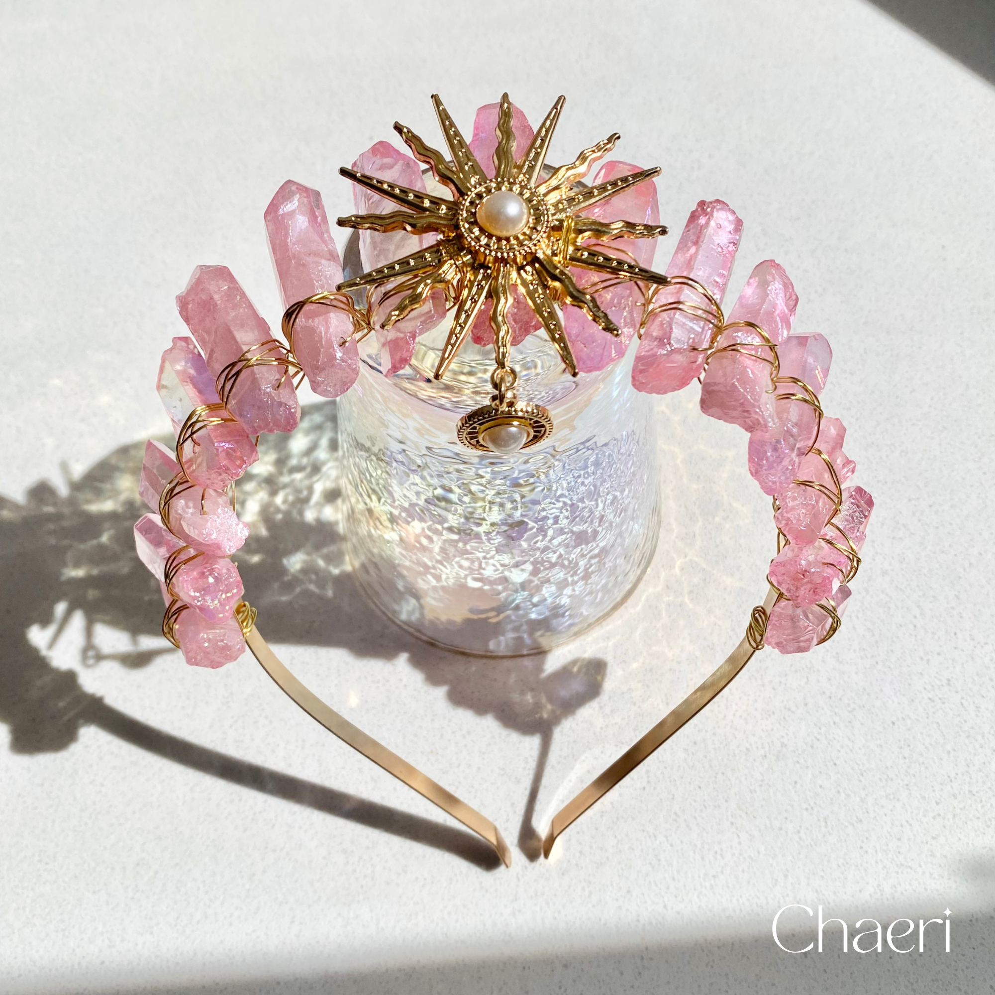 MARI | Pink Crystal Quartz Crown with Sun Charm