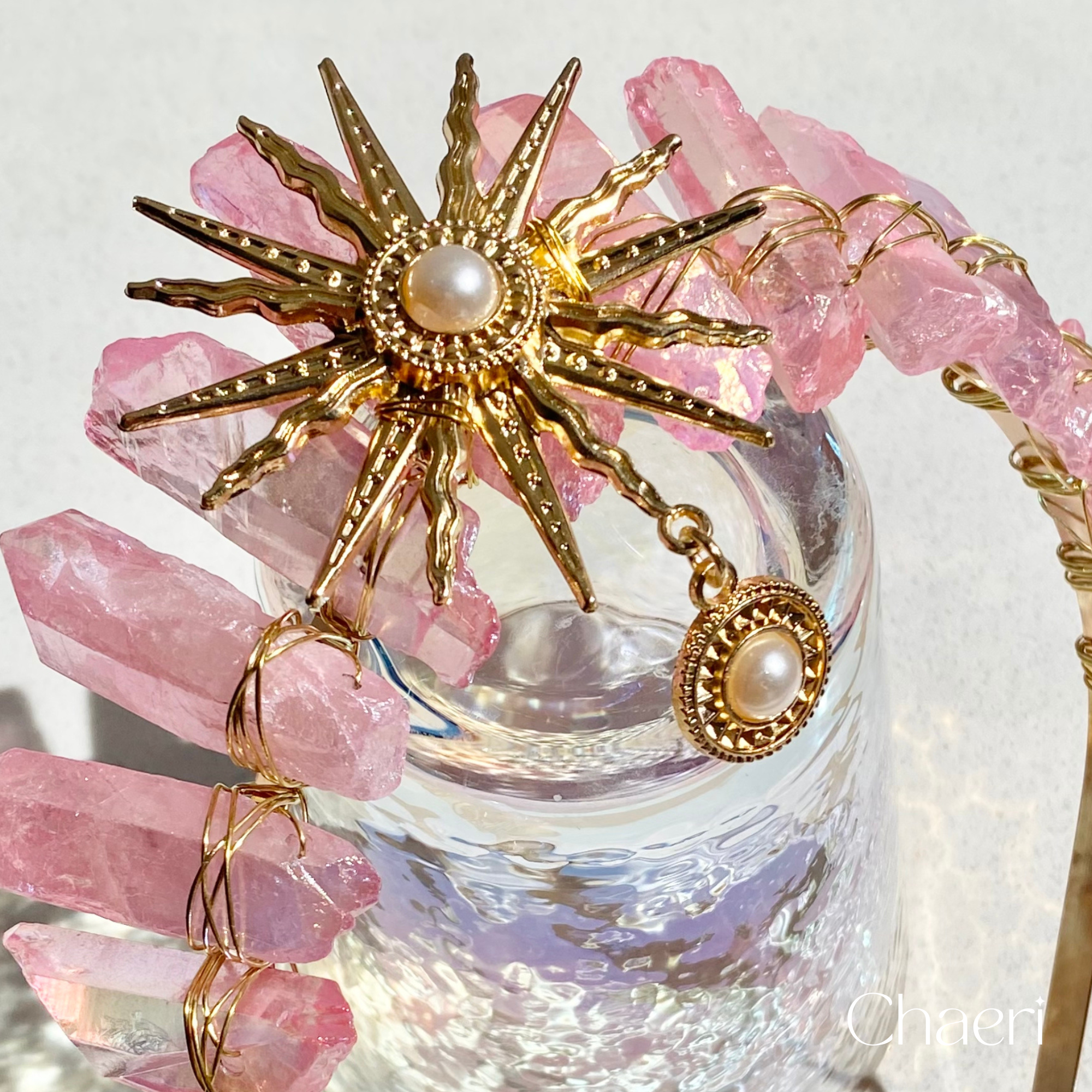 MARI | Pink Crystal Quartz Crown with Sun Charm
