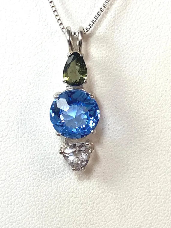 Siberian Blue Quartz Mini Radiant Heart™ with Danburite & Colombian Obsidian Necklace- Paul Jensen Signature Collection